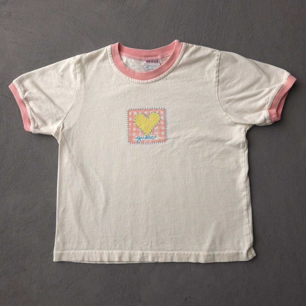 Vintage 90s Guess White Pink T-shirt XS Heart Graphic Baby Tee Made in USA